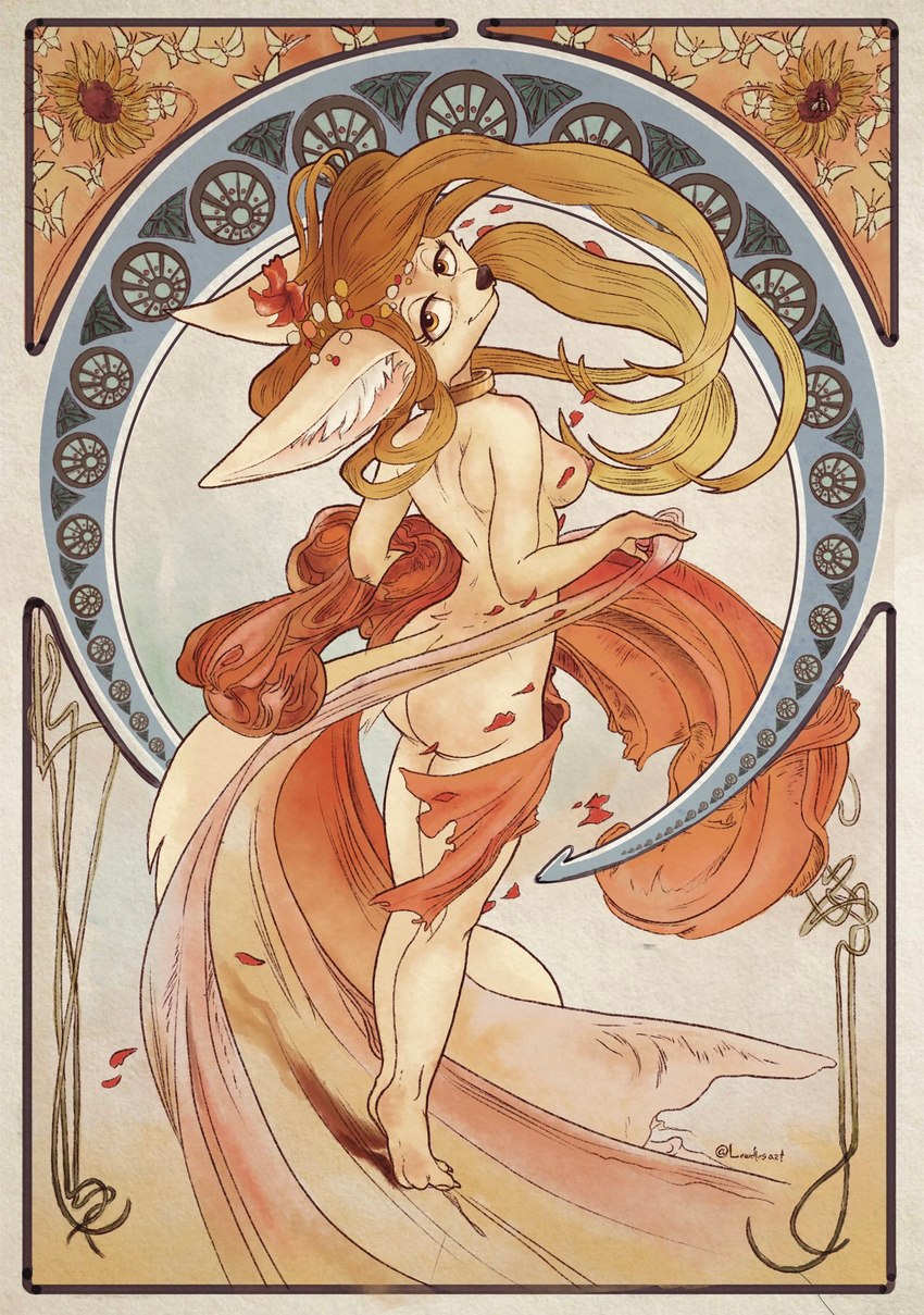 anthro art_nouveau blonde_hair breasts brown_eyes butt detailed_background female fennec_ears fox_tail fur hair looking_at_viewer nipples nude nude_anthro nude_female sash smile solo tail tan_body tan_fur lewdles naked_penny penny_fenmore canid canine fennec_fox fox mammal true_fox digital_media_(artwork) hi_res