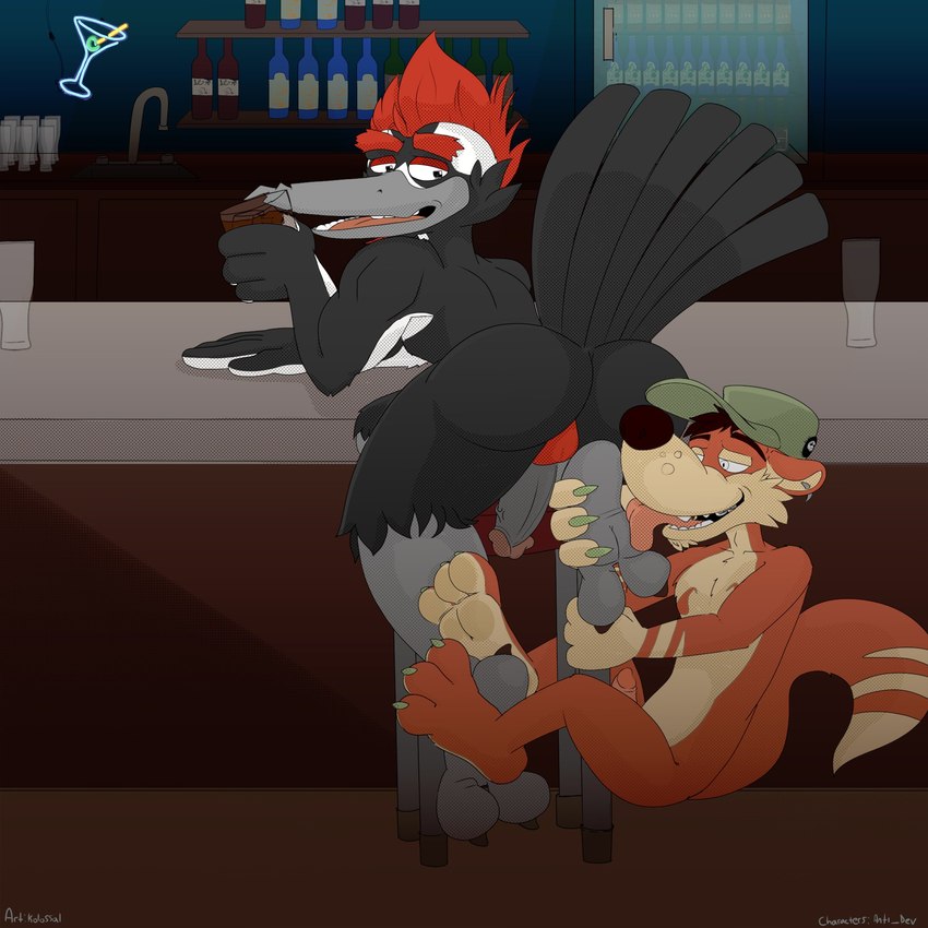 2_toes 3_toes alcohol anthro balls bar bar_counter barefoot beak bent_over_counter beverage black_body black_feathers black_hair butt clothing counter duo ear_piercing erection feathers feet foot_fetish foot_lick foot_play fur genitals grey_beak grey_legs hair hat hat_only headgear headgear_only headwear headwear_only hindpaw holding_glass holding_object humanoid_genitalia humanoid_penis inside leaning leaning_forward leaning_on_counter licking looking_at_another looking_at_partner looking_back looking_back_at_another looking_back_at_partner male male/male male_anthro mostly_nude nude paws penis piercing pink_tongue pub public public_nudity red_balls red_body red_feather_hair red_fur sitting sitting_on_ground slim slim_anthro slim_male soles tail tail_feathers talons toes tongue tongue_out kolossal the_secret_lives_of_flowers crew_(anti_dev) tragia avian bird mammal mustelid musteline picid pileated_woodpecker true_musteline weasel woodpecker 1:1 2021 digital_media_(artwork) hi_res