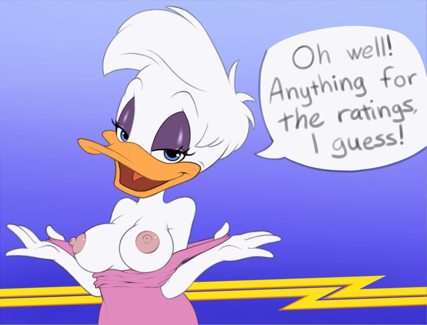 anthro areola bedroom_eyes blue_eyes breasts dialogue eyelashes eyeliner feathers female flashing flashing_breasts looking_at_viewer makeup narrowed_eyes nipples non-mammal_breasts open_mouth seductive solo talking_to_viewer text tongue white_body white_feathers billboi disney quack_pack daisy_duck anatid anseriform avian bird duck english_text