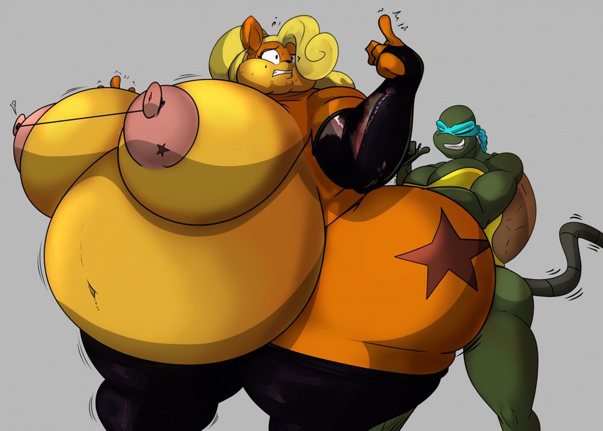 adolescent anthro big_breasts breasts clothing duo female female/female latex legwear nipple_chain nipple_piercing nipples obese obese_anthro overweight overweight_anthro piercing thick_thighs thigh_highs weight_gain young shinysteel activision crash_bandicoot_(series) teenage_mutant_ninja_turtles coco_bandicoot venus_de_milo_(tmnt) bandicoot mammal marsupial reptile scalie turtle crossover