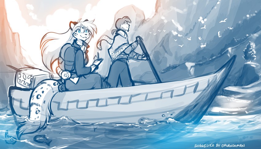 aged_up anthro backpack boat clothed clothing detailed_background facial_hair female fluffy fluffy_tail fur goatee hair male markings mountain on_boat open_mouth open_smile outside ponytail sea sitting smile spots spotted_body spotted_fur submerged_tail tail vehicle water watercraft conditional_dnp tom_fischbach twokinds maeve_(twokinds) felid fish human keidran mammal marine pantherine snow_leopard 2024 7:4 adobe_photoshop_(artwork) digital_media_(artwork) hi_res monochrome sketch spot_color