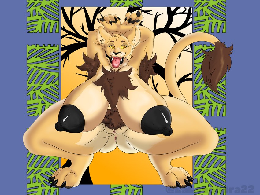 african anthro areola armpit_focus armpit_hair big_areola big_breasts black_areola black_nipples blue_background body_hair border breasts chest_hair chest_tuft digitigrade ear_piercing female huge_breasts hyper hyper_breasts lips looking_at_viewer mature_female nipples nude outside_border pattern_background piercing presenting pubes pubes_exposed simple_background solo tail tail_tuft thick_lips thick_thighs tongue tongue_out tuft wide_hips lalonchera22 felid lion mammal pantherine 4:3 absurd_res hi_res