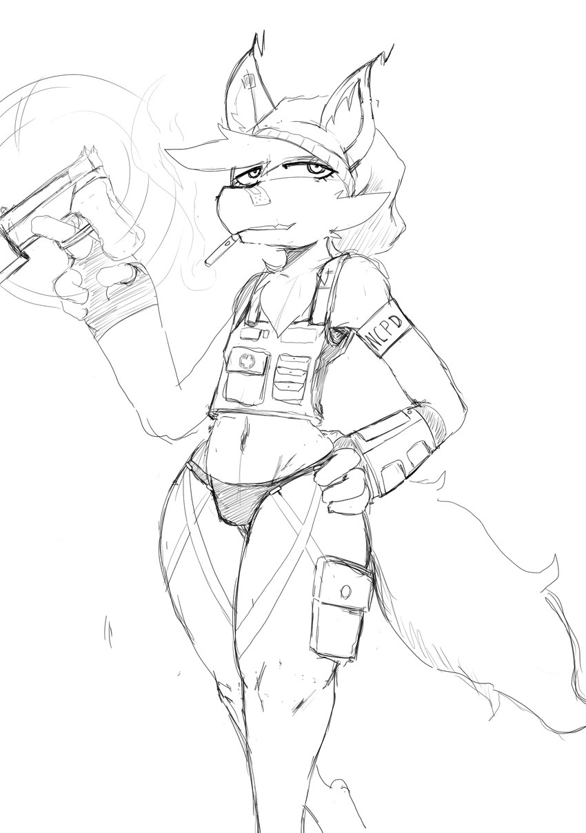 antennae_(anatomy) anthro armband cigarette clothed clothing cyberpunk femboy fingerless_gloves gloves gun handwear headgear looking_at_viewer male pantsless ranged_weapon solo straps tail topwear underwear vest weapon wide_hips neko3240 apollo_caelum alien absurd_res hi_res monochrome sketch