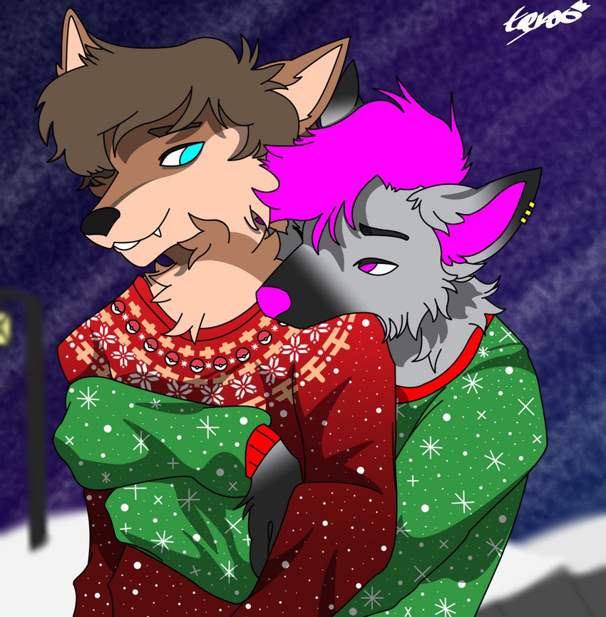 anthro christmas_clothing clothing duo holidays hug male male/male snow tarou_reggi christmas tobi_hyena canid canine hyena mammal hi_res