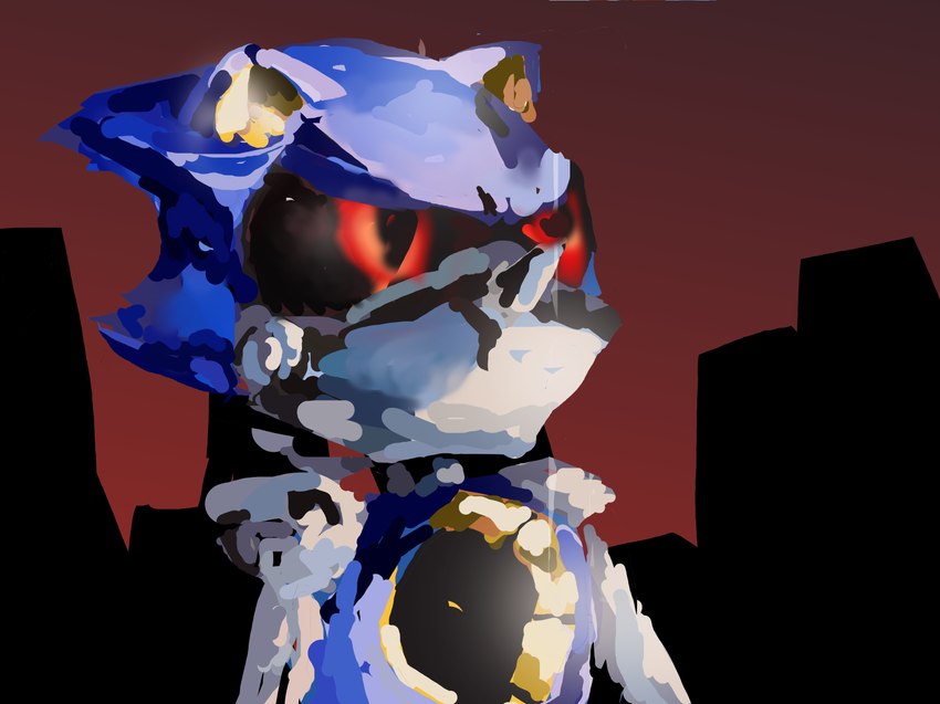 blue_body city city_background glistening glistening_body grey_body machine metal metallic_body multicolored_body night outside red_eyes red_sky sky solo doomboy84 sega sonic_the_hedgehog_(series) metal_sonic eulipotyphlan hedgehog humanoid mammal robot robot_humanoid absurd_res digital_media_(artwork) digital_painting_(artwork) hi_res