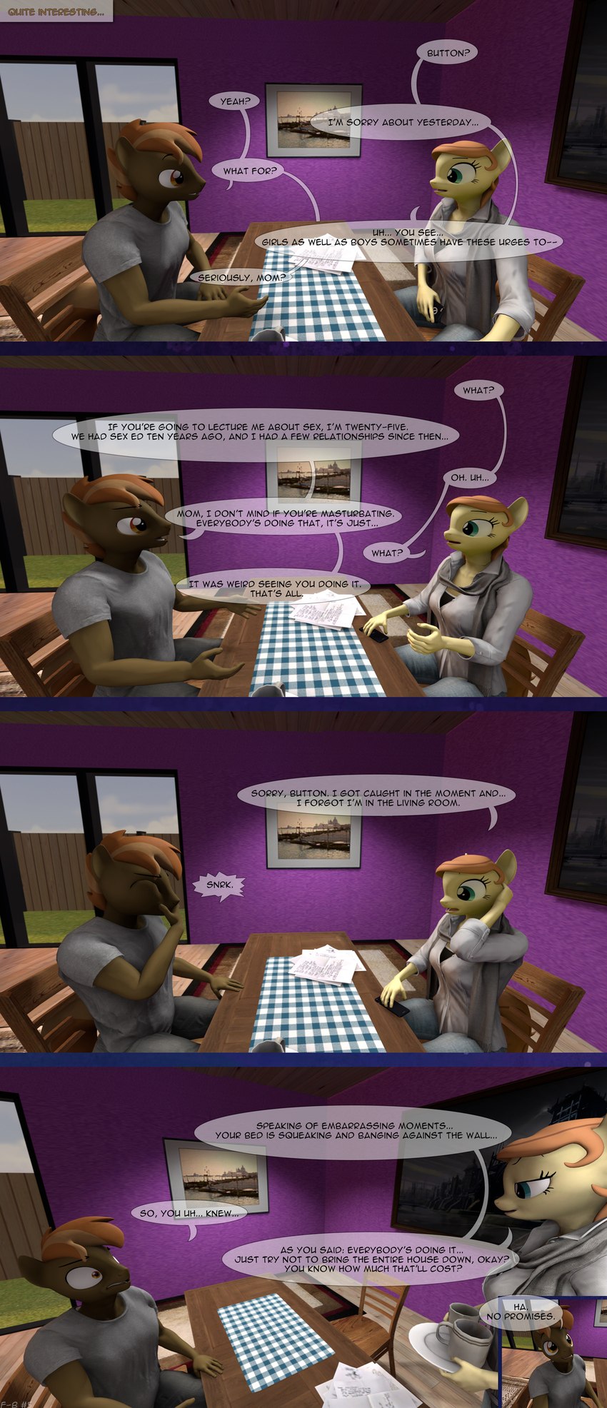 anthro anthrofied apology base_four_layout dialogue duo female five_frame_image furniture male male/female name_drop name_in_dialogue shortened_sound_effect snerk sound_effect_variant sound_effects speech_bubble table talking_to_another text vowelless vowelless_sound_effect spud-arts friendship_is_magic hasbro my_little_pony button_mash_(mlp) cream_heart_(mlp) fan_character equid equine horse mammal pony 3d_(artwork) absurd_res comic digital_media_(artwork) english_text hi_res mother_(lore) mother_and_child_(lore) mother_and_son_(lore) parent_(lore) parent_and_child_(lore) parent_and_son_(lore) son_(lore)