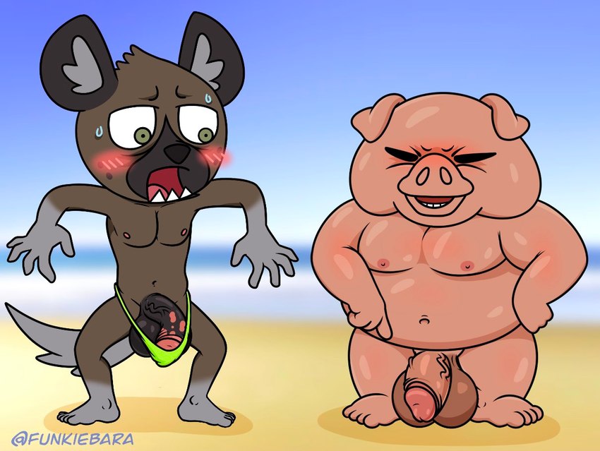 anthro balls barely_contained barely_contained_penis beach big_balls blush clothing duo genitals ineffective_clothing looking_at_genitalia looking_at_penis male nude outside overweight overweight_male penis seaside gotchimilk aggretsuko sanrio director_ton haida_(aggretsuko) domestic_pig hyena mammal spotted_hyena suid suina sus_(pig)