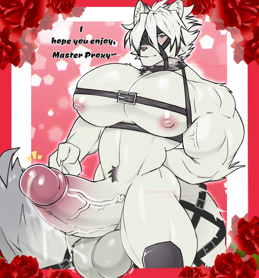 anthro balls big_balls big_pecs big_penis flower genitals harness humanoid_genitalia humanoid_penis male muscular muscular_anthro muscular_male nipples pecs penis plant pubes rose_(flower) solo text vein veiny_penis tsukielewds mihoyo zenless_zone_zero von_lycaon canid canine canis mammal wolf 2024 absurd_res english_text hi_res