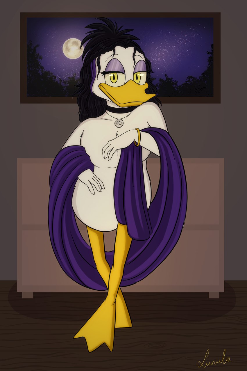 anthro avian_butt barefoot bedroom clothing duck_footed feet female jewelry large_chest looking_at_viewer necklace necklace_only nude number_one_dime purple_clothing purple_robe robe solo undressing vintage_pinup kinkypeach disney ducktales ducktales_(2017) magica_de_spell anatid anseriform avian bird duck 2:3 absurd_res hi_res