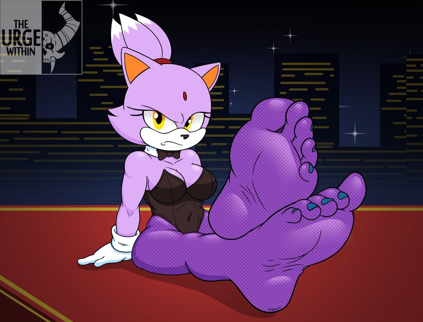 anthro breasts bunny_costume clothing costume crossed_ankles feet female fishnet_clothing fishnet_legwear foot_focus gloves handwear humanoid_feet legwear plantigrade purple_body soles solo toes yellow_eyes the_urge_within sega sonic_the_hedgehog_(series) blaze_the_cat domestic_cat felid feline felis mammal hi_res