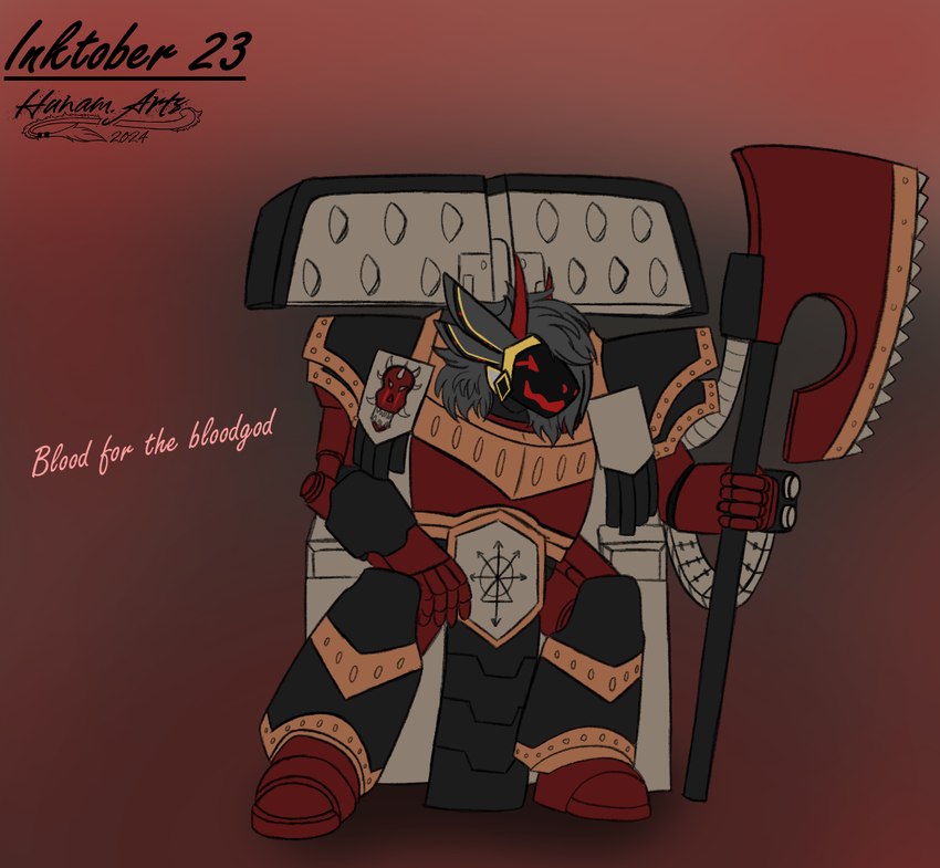 2_horns anthro armor axe black_armor bolter chain_axe chainaxe chair chaos_space_marine clothing cosplay cybernetics furniture gauntlets gloves gradient_background greataxe greaves handwear holding_melee_weapon holding_object holding_weapon horn insignia machine melee_weapon missile_pod multicolored_armor pauldron power_armor protogen_visor red_armor red_background sabatons shoulder_missiles simple_background sitting solo terminator_armor_(warhammer) text throne vambrace weapon wrist_gun wrist_weapon hunamarts inktober warhammer_(franchise) warhammer_40000 mars_(hunam) cyborg protogen 2024 dated english_text flat_colors full-length_portrait portrait