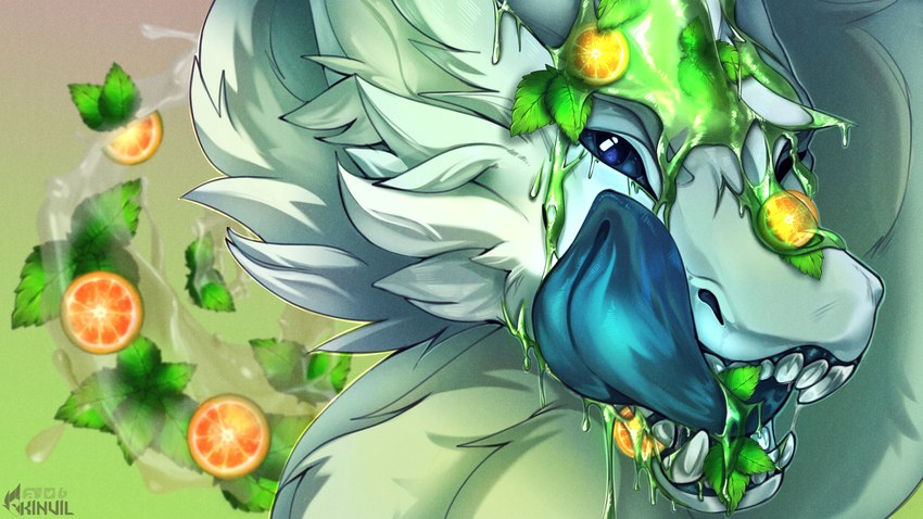 feral food fruit fur looking_at_viewer mint_(plant) mouth_shot open_mouth orange_(fruit) plant simple_background smile solo teeth tongue tongue_out kinvil mythology dragon mythological_creature mythological_scalie scalie 16:9 4k absurd_res hi_res shaded widescreen