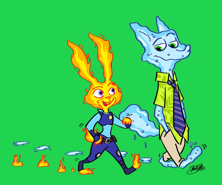 alternate_species anthro bottomwear clothing duo ears_up female fire green_background green_eyes male necktie pants police police_uniform purple_eyes shirt simple_background tail topwear uniform water danthedoodle disney elemental_(pixar) pixar zootopia ember_lumen judy_hopps nick_wilde wade_ripple canid canine elemental_creature fire_creature fox lagomorph leporid mammal rabbit water_creature 2023 crossover digital_drawing_(artwork) digital_media_(artwork) signature