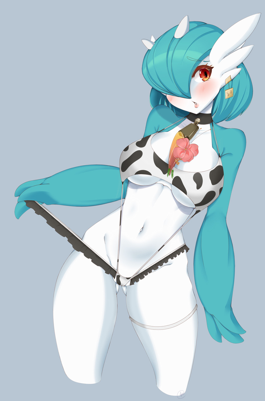 animal_print big_breasts bikini blush breasts clothed clothing collar cow_print cowbell female not_furry one-piece_swimsuit sling_bikini solo swimwear two-piece_swimsuit peachcupp nintendo pokemon gardevoir generation_3_pokemon pokemon_(species) absurd_res hi_res