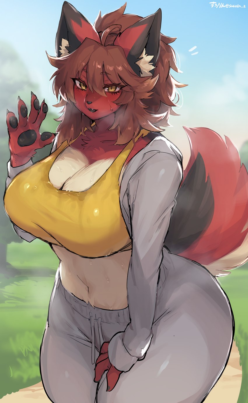 anthro big_breasts bodily_fluids bottomwear bra breasts brown_hair cleavage clothed clothing female female_anthro fur hair hair_up hoodie kemono midriff multicolored_body multicolored_fur navel pants red_body red_fur solo sports_bra sweat sweatdrop sweatpants topwear underwear wet wet_clothing yellow_eyes suurin_2 franchesca_(garasaki) canid canine fox mammal 2022 absurd_res digital_media_(artwork) hi_res portrait three-quarter_portrait