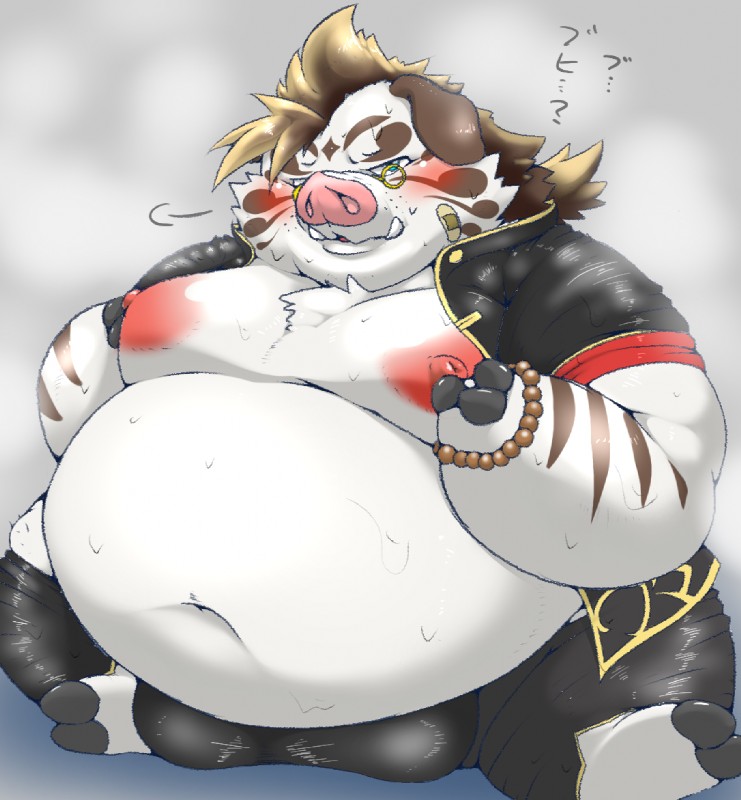 anthro belly blush bottomwear clothing eyewear fur glasses male moobs navel nipples obese obese_anthro obese_male overweight overweight_anthro overweight_male pants solo text white_body white_fur hamatnk lifewonders tokyo_afterschool_summoners licho_(tas) domestic_pig mammal suid suina sus_(pig) 2019 japanese_text