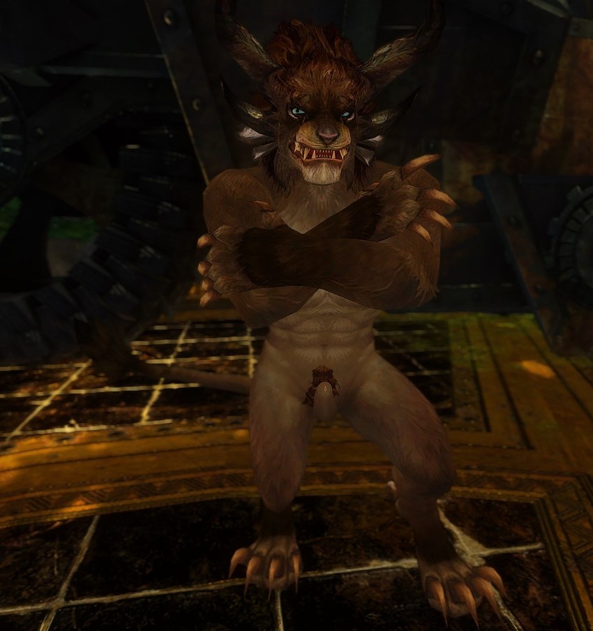 4_ears animal_genitalia anthro balls fur genitals hair male multi_ear nude sheath solo guild_wars charr felid mammal hi_res screencap_edit