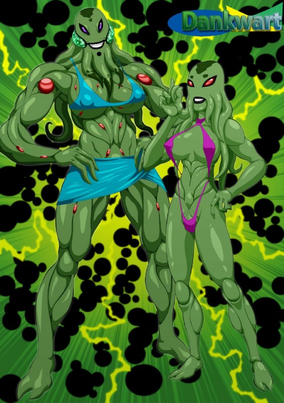 2_toes bald big_breasts bikini breasts cleavage clothed clothing duo feet female front_view fully_clothed looking_at_viewer muscular muscular_female nipple_outline purple_eyes red_eyes skimpy smile standing swimwear tentacles toes two-piece_swimsuit dankwart ben_10 cartoon_network myaxx alien chimera_sui_generis digital_media_(artwork) full-length_portrait green_theme hi_res portrait