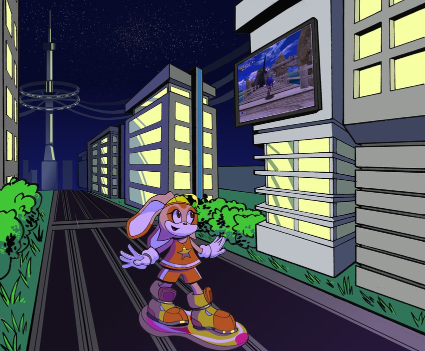 anthro big_shoes bottomwear building clothing cosmic_background extreme_gear female forced_perspective grass long_ears male night plant printed_t-shirt screen shirt shorts shrub sky solo star starry_background starry_sky t-shirt topwear autenticovadito sega sonic_adventure sonic_riders sonic_the_hedgehog_(series) cream_the_rabbit sonic_the_hedgehog cetacean dolphin eulipotyphlan hedgehog lagomorph leporid mammal marine oceanic_dolphin orca rabbit toothed_whale absurd_res colored digital_media_(artwork) hi_res