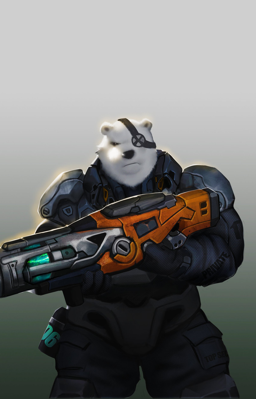 anthro black_nose bottomwear clothed clothing eye_patch eyewear fur humanoid_hands kemono male overweight overweight_anthro overweight_male pants simple_background solo weapon white_body white_fur neiiio bear mammal polar_bear ursine 2020 absurd_res hi_res