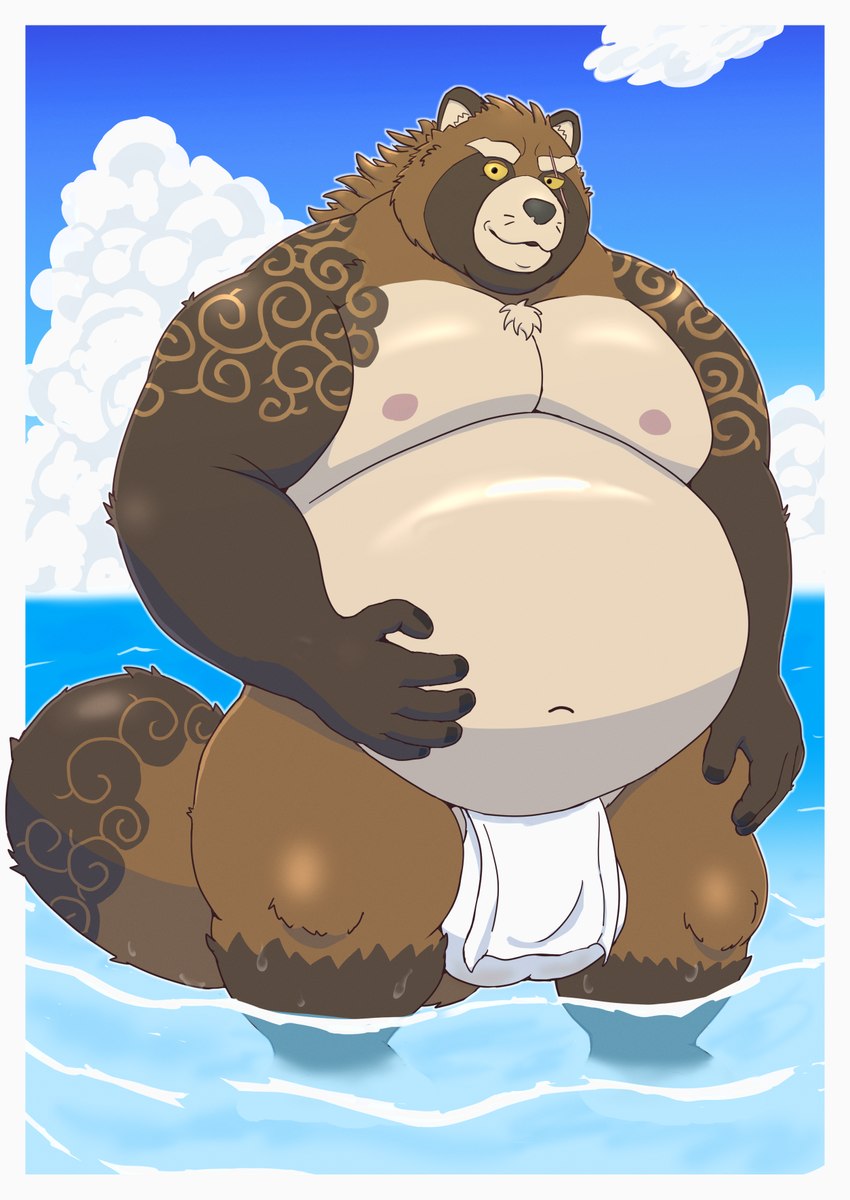 anthro asian_clothing belly big_belly brown_body clothing cloud east_asian_clothing fundoshi japanese_clothing kemono male moobs nipples outside overweight overweight_male solo underwear water white_clothing white_fundoshi white_underwear usikuma6 lifewonders tokyo_afterschool_summoners gyobu_(tas) canid canine mammal raccoon_dog tanuki 2024 hi_res