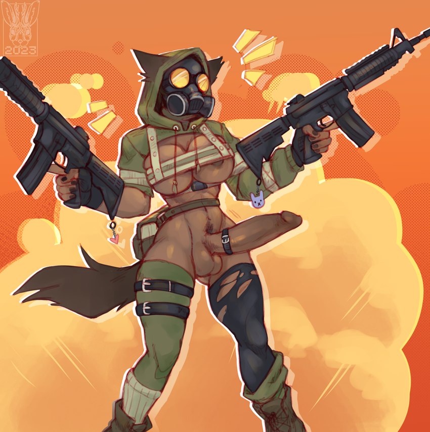 anthro assault_rifle balls breasts clothed clothing dual_wielding erection gas_mask genitals gun gynomorph holding_object holding_weapon hood_up humanoid_genitalia humanoid_penis intersex m4 mask penis ranged_weapon rifle skimpy solo standing weapon pixelflare canid canine mammal hi_res