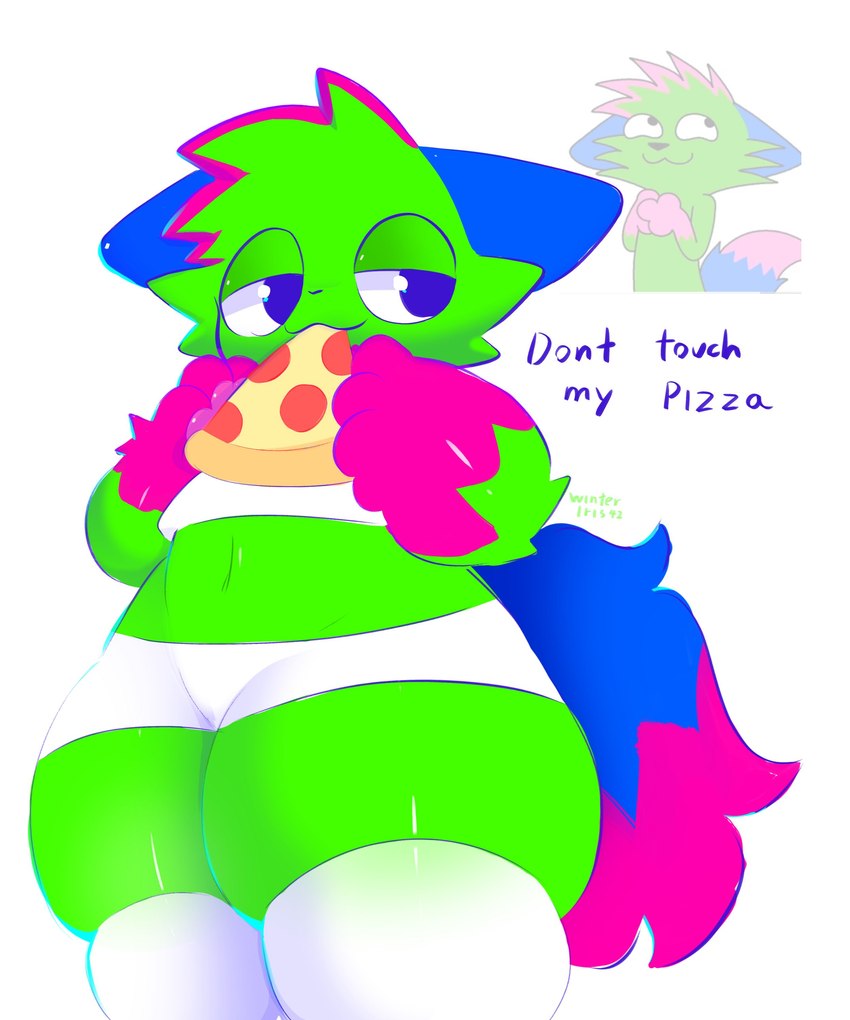 ambiguous_gender anthro blue_eyes eating eating_food eye_roll fur mouth_closed simple_background smile smirk solo tail text bunymarch42 don't_touch_my_pizza_(meme) nyanwolf kevin_(nyanwolf) domestic_cat felid feline felis mammal 5:6 absurd_res colorful_theme english_text hi_res