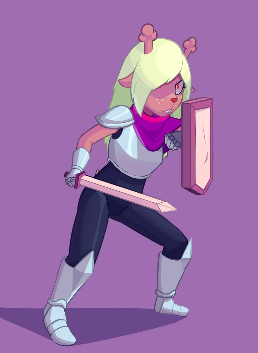 anthro armor blonde_hair breastplate clothing cosplay female freckles guarding hair melee_weapon pauldron red_eyes scarf shield solo spandex sword tight_clothing weapon hitsuji deltarune undertale_(series) kris_(deltarune) noelle_holiday deer mammal hi_res