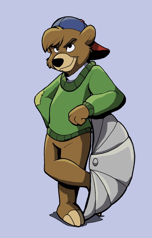 anthro backwards_baseball_cap backwards_hat barefoot baseball_cap biped blue_clothing blue_hat blue_headwear bottomless clothed clothing feet green_clothing green_sweater green_topwear hat headgear headwear male shirt simple_background solo sweater topwear young young_anthro cirruskitfox disney talespin kit_cloudkicker bear mammal hi_res