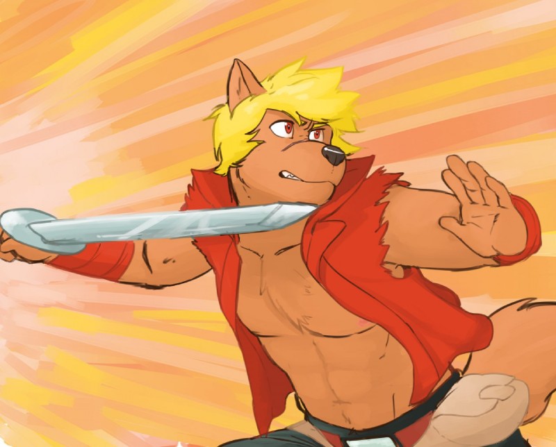 5_fingers action_pose anthro bandage black_nose blade blonde_hair clenched_teeth fanny_pack fingers fur hair hero male melee_weapon nipples pose red_eyes scar solo sword teeth weapon genchi jaryl_(character) canid canine canis mammal wolf 2013