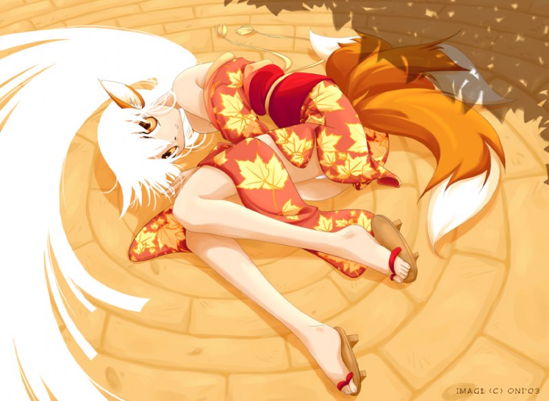 asian_clothing bare_shoulders clothing curled_up dappled_light east_asian_clothing female fox_tail hair japanese_clothing kimono long_hair lying shadow solo tail white_hair zetallis animal_humanoid canid canid_humanoid canine canine_humanoid fox_humanoid humanoid mammal mammal_humanoid digital_media_(artwork)