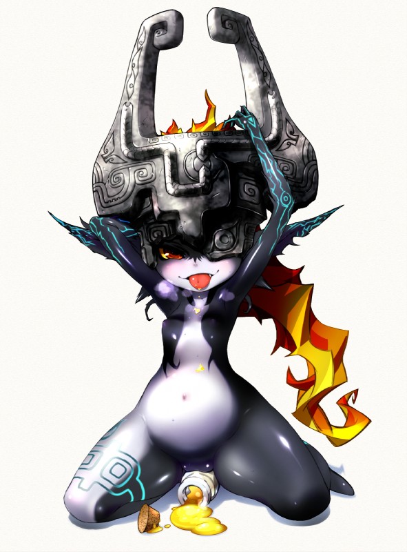 blush female genitals looking_at_viewer navel not_furry potion pussy raised_arm red_eyes solo teasing tongue tongue_out yellow_sclera vorpal-duck yakibuta nintendo the_legend_of_zelda twilight_princess midna humanoid twili hi_res