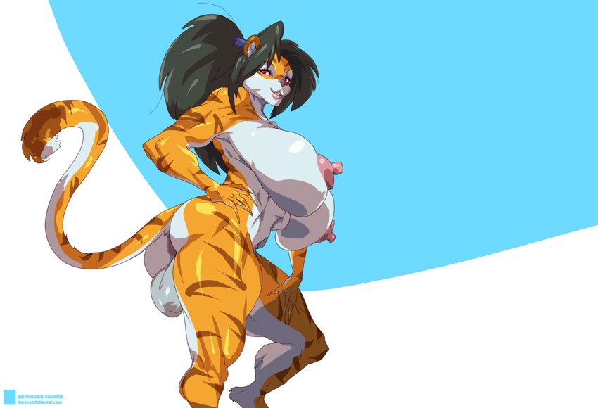 5_fingers anthro areola balls big_balls big_breasts biped black_hair breasts fingers genitals gynomorph hair huge_breasts intersex nipples nude pose smile solo eraanthe felid mammal pantherine tiger absurd_res hi_res