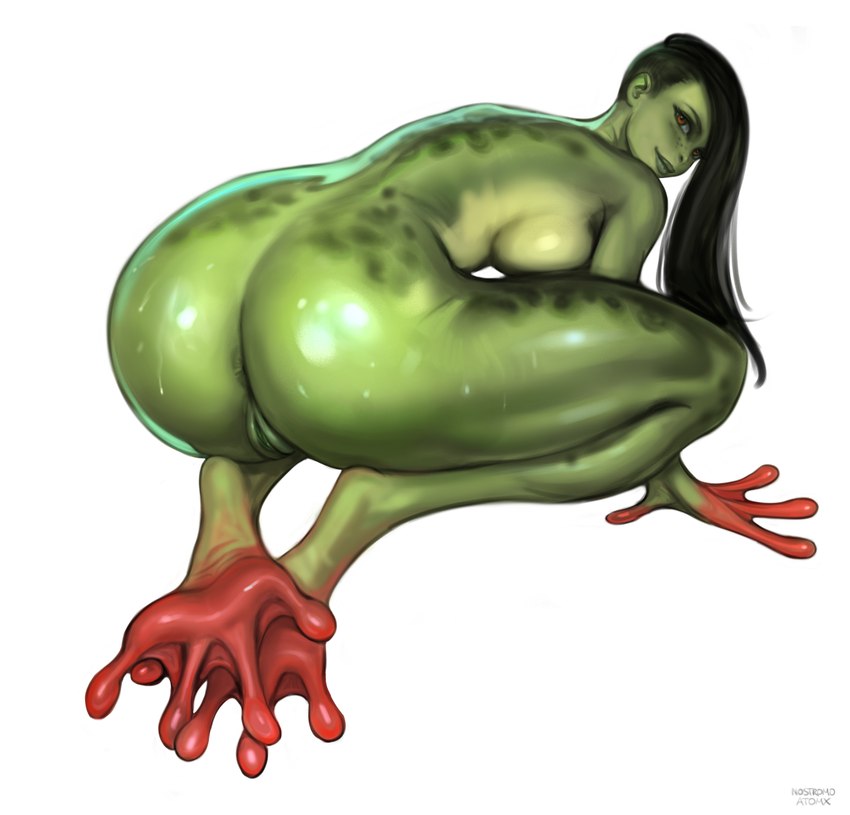 anus black_hair breasts butt feet female genitals green_body green_lips green_skin hair lips looking_at_viewer looking_back looking_back_at_viewer membrane_(anatomy) nude pussy sidecut simple_background solo toes webbed_feet wet white_background atomx amphibian amphibian_humanoid animal_humanoid frog_humanoid humanoid