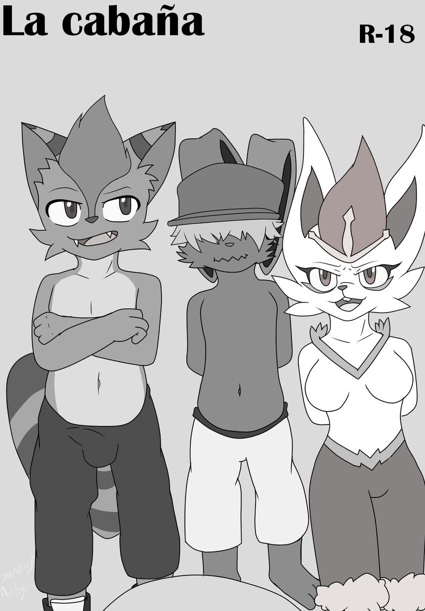 anthro biped breasts bulge clothing detailed_bulge erection erection_under_clothing female female_anthro fur genital_outline male male/female male/male male_anthro nude penis_outline georgesabertooth macamacrez nintendo pokemon billy_(billy_kangaroo_oc) cinderace felid generation_8_pokemon kangaroo lagomorph macropod mammal marsupial pokemon_(species) prehistoric_species saber-toothed_tiger cover cover_art cover_page hi_res