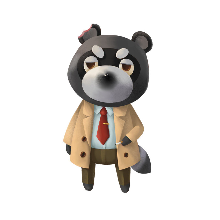 anthro bottomwear chibi clothing fur grey_body grey_fur necktie pants shirt simple_background solo topwear white_background animal_crossing nintendo tails_noir howard_lotor mammal procyonid raccoon 1:1 2020 hi_res