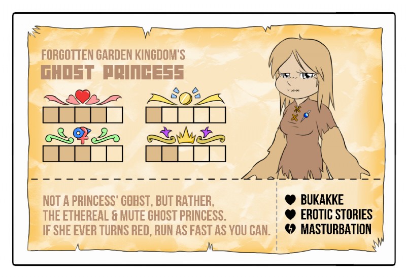 border breasts broken_heart brown_hair clothed clothing eyelashes female grey_eyes hair heart_symbol not_furry solo text trading_card white_border sewlde towergirls ghost_princess ghost spirit digital_media_(artwork) english_text warm_colors