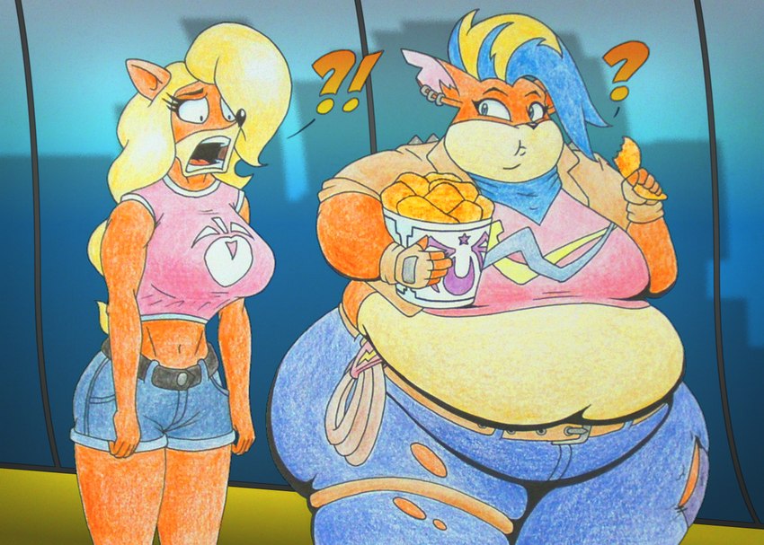 5_fingers anthro belly belt big_belly big_breasts big_butt black_nose blonde_hair blue_hair bottomwear breasts bucket butt clothing container denim denim_bottomwear denim_clothing denim_shorts duo ear_piercing eyelashes female fingerless_gloves fingers food gloves hair hair_over_eye handwear holding_bucket holding_chicken holding_container holding_food holding_object huge_belly huge_breasts huge_butt huge_thighs hyper hyper_butt interrobang jaw_drop jeans kerchief long_eyelashes midriff morbidly_obese morbidly_obese_anthro morbidly_obese_female multicolored_body multicolored_hair navel neckerchief neckwear obese obese_anthro obese_female orange_body overweight overweight_anthro overweight_female pants piercing question_mark shirt shorts square_crossover standing t-shirt tan_body thick_thighs topwear torn_bottomwear torn_clothing torn_jeans torn_pants two_tone_body two_tone_hair vest snaphappy activision crash_bandicoot_(series) pirate_tawna tawna_bandicoot bandicoot mammal marsupial 2023 mixed_media portrait three-quarter_portrait