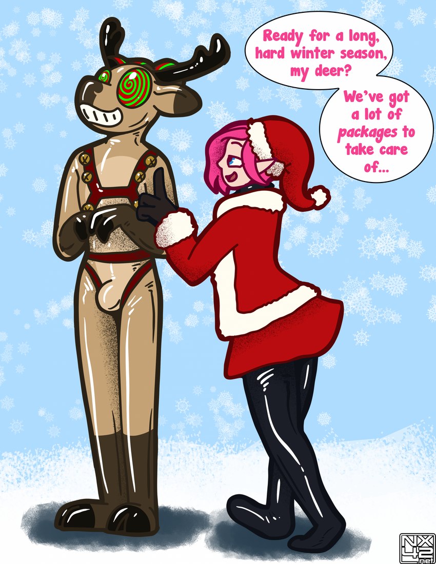 2_fingers ambiguous_gender anthro bulge clothing costume duo fingers harness holidays hypnosis latex male mind_control santa_costume spiral_eyes suit text nx-42 christmas deer elf humanoid mammal new_world_deer reindeer english_text hi_res