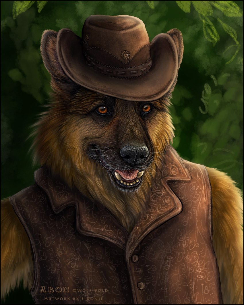 anthro clothing cowboy_hat fur hat headgear headwear looking_at_viewer male open_mouth open_smile orange_eyes smile solo topwear vest whiskers sidonie canid canine canis domestic_dog german_shepherd herding_dog mammal pastoral_dog hi_res