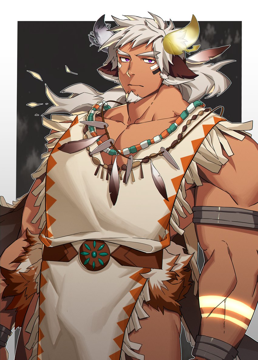 armband biceps bracelet clothed clothing eye_black facial_hair glowing glowing_tattoo goatee hair horn jewelry loose_feather male muscular muscular_humanoid muscular_male native_american necklace pecs purple_eyes solo tattoo tribal white_clothing white_hair 239 lifewonders tokyo_afterschool_summoners wakan_tanka_infinity_(tas) animal_humanoid bovid bovid_humanoid humanoid mammal mammal_humanoid absurd_res hi_res