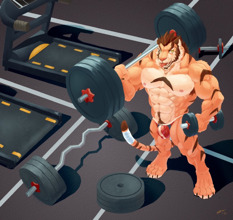 4_toes abs anthro armpit_hair bandage barbell barefoot biceps big_muscles biped body_hair brown_body brown_eyes brown_fur bulge claws clothed clothing detailed_bulge dumbbell exercise eye_scar facial_scar feet fur genital_outline hair happy_trail high-angle_view holding_object huge_muscles looking_at_viewer looking_up male muscular muscular_anthro muscular_male nipples orange_body orange_fur pecs penis_outline pubes scar short_hair skimpy solo standing stripes tail tail_wraps thong toes topless treadmill underwear weightlifting weights workout wraps yellow_eyes mochizukifurry hulooo felid mammal pantherine tiger 2017 digital_media_(artwork) hi_res