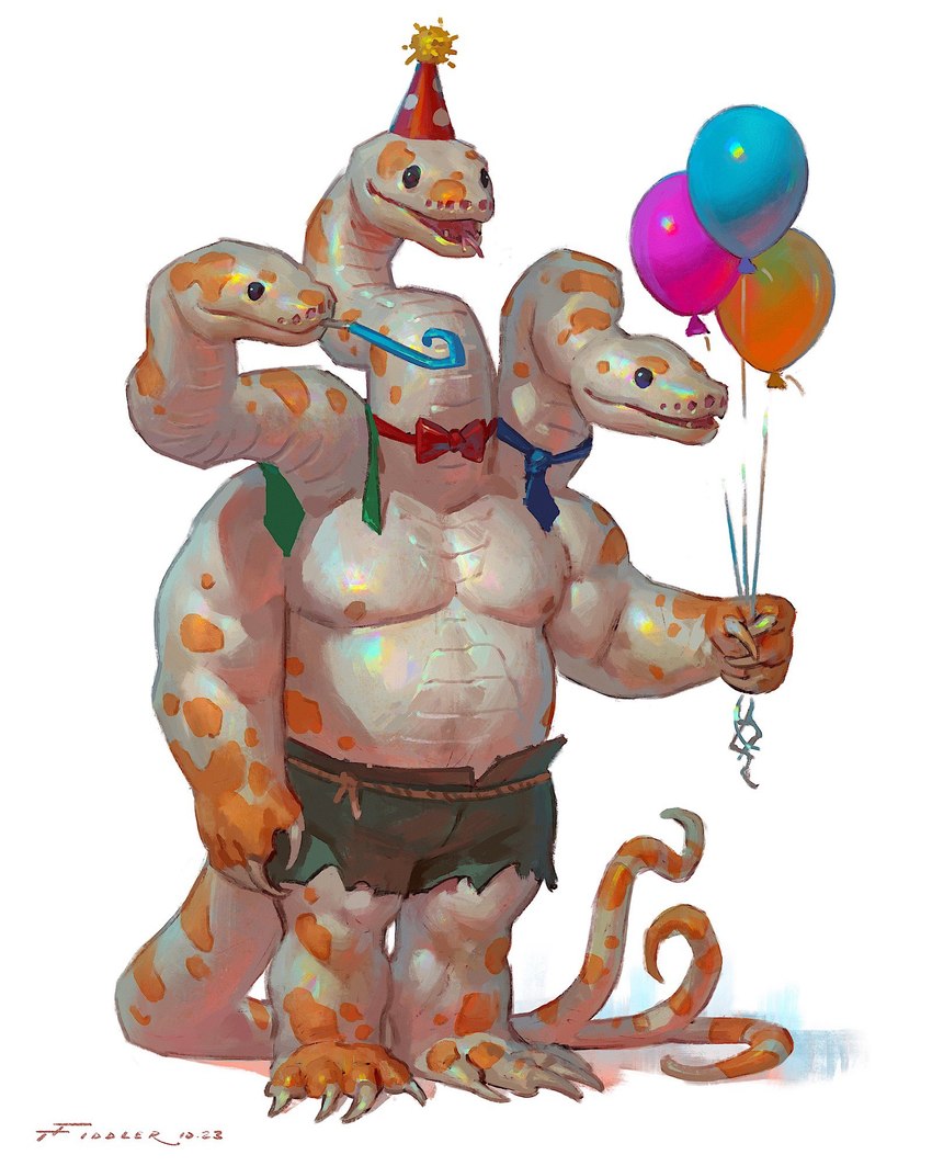 3_heads anthro balloon belt blue_necktie bottomwear claws clothing forked_tongue green_necktie hat headgear headwear holding_balloon inflatable long_neck male multi_head muscular muscular_anthro muscular_male necktie nipples orange_spots party_hat party_horn red_necktie rope rope_belt scales shorts simple_background snout solo spots tail tongue torn_clothing white_background white_body white_scales taran_fiddler european_mythology greek_mythology mythology weretober dragon hydra mythological_creature mythological_scalie scalie werecreature western_dragon 4:5 hi_res