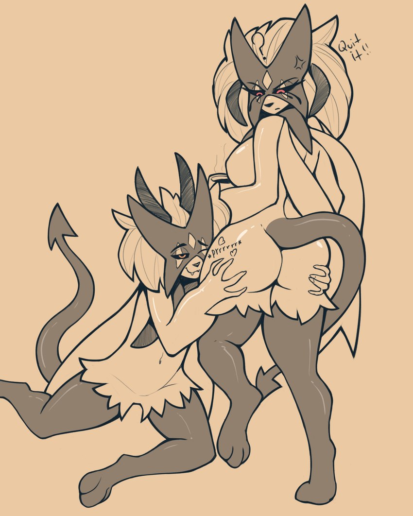 age_difference alternate_color anthro black_legs black_sclera breasts butt butt_grab butt_nuzzling butt_squeeze cape cheek_tuft clothing coffee_mug cross-popping_vein duo ears_up eye_markings facial_tuft fangs featureless_breasts female fluffy fluffy_hair forehead_gem gem hair hand_on_butt horn leg_tuft male male/female markings mask masquerade_mask narrowed_eyes nude older_female on_ground purring raised_tail red_eyes spade_tail squeezing tail teeth thigh_tuft tuft rondonite nintendo pokemon meowscadevi novelia_(rondonite) demon generation_9_pokemon meowscarada pokemon_(species) absurd_res hi_res incest_(lore) sibling_(lore)