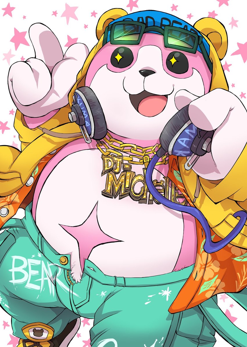 anthro belly bottomwear clothed clothing electronics eyewear footwear fur glasses headphones hip_hop hoodie jewelry male necklace open_bottomwear open_clothing open_hoodie open_pants open_topwear pants pink_body pink_fur shoes slightly_chubby sneakers solo topwear shirokumaou bear mammal hi_res