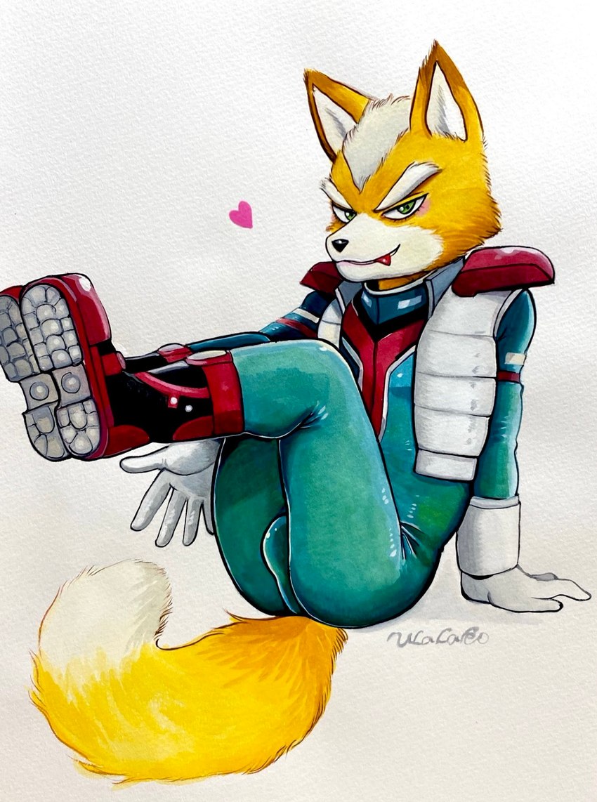 anthro blep blush bodysuit bulge butt clothing fur green_eyes legs_up male orange_body orange_fur skinsuit solo tight_clothing tongue tongue_out ulala_ko nintendo star_fox fox_mccloud canid canine fox mammal hi_res