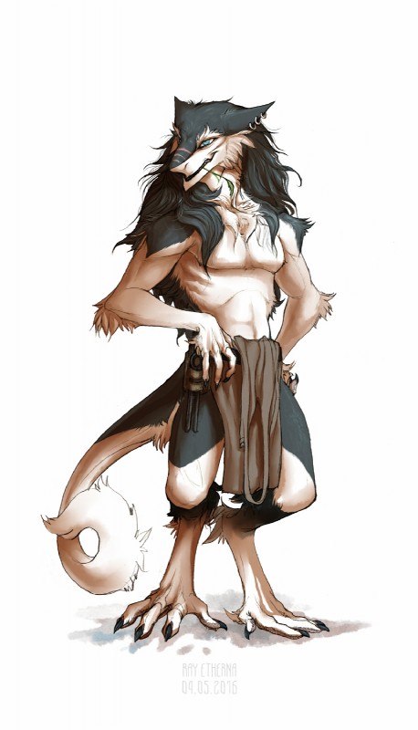 anthro apron barefoot belt biped black_claws blue_eyes claws clothed clothing ear_piercing feet fur grass grey_body grey_fur grey_hair hair long_hair male navel piercing plant simple_background solo tail teeth text toe_claws tools topless white_background white_body white_fur raesheris spikes_blackfire sergal 2016 english_text hi_res signature