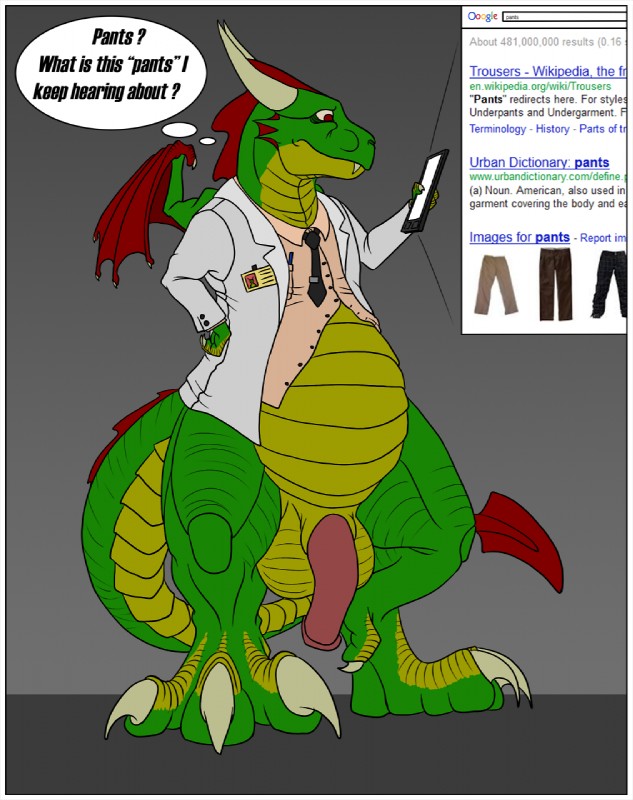 3_toes anthro balls belly border bottomless bottomless_anthro bottomless_male claws clothed clothing coat electronics feet genitals green_balls green_body green_scales half-erect horn lab_coat male membrane_(anatomy) membranous_wings multicolored_body multicolored_scales necktie penis red_eyes scales slightly_chubby small_wings solo tablet tablet_computer tail text thought_bubble toe_claws toes topwear two_tone_body two_tone_scales white_border wings yellow_body yellow_scales ajder european_mythology google google_search mythology rangarig_rex dragon mythological_creature mythological_scalie scalie western_dragon 2012 english_text hi_res url