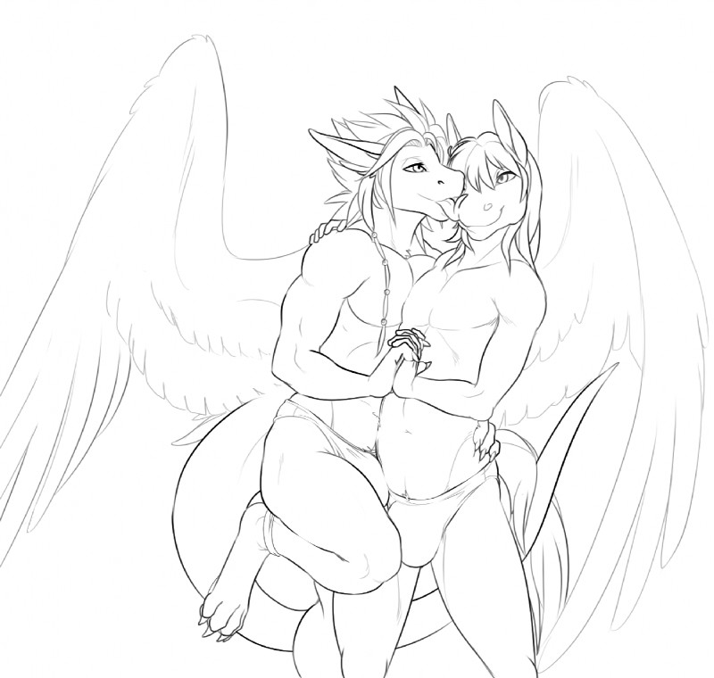 anthro bulge duo feathered_wings feathers licking male male/male simple_background tail tongue tongue_out white_background wings cerezo mythology cloves_(freckles) siegfried angel angel_dragon dragon equid equine horse mammal mythological_creature mythological_scalie scalie black_and_white hi_res monochrome