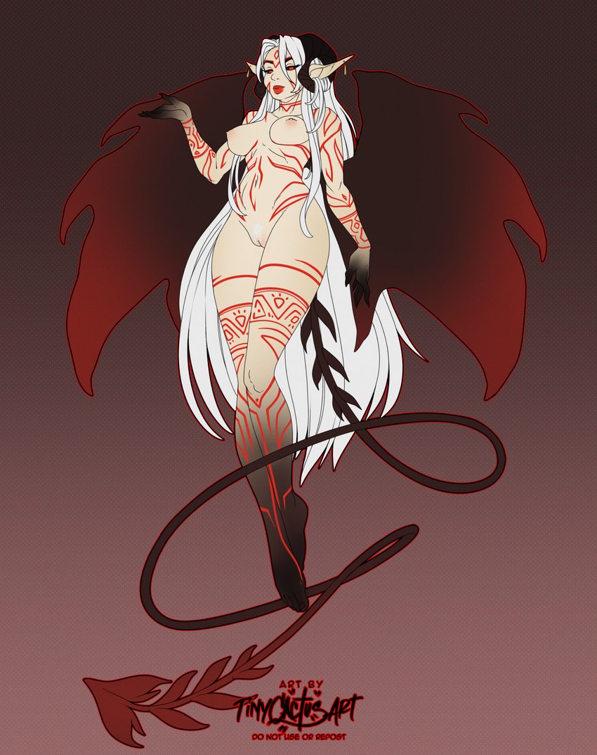 black_sclera curled_horn ear_piercing female floating genitals hair horn light_body light_skin long_hair nipples nude piercing pink_nipples pubes pussy red_eyes red_tattoo solo spade_tail tail tattoo white_hair white_pubes wings tinycactus d'nani_(tinycactus) demon humanoid succubus hi_res